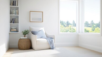 Fototapeta premium Cozy reading nook with floor-to-ceiling bookshelf