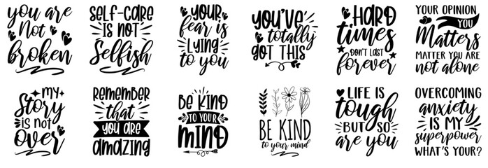 Decorative Mental Health Inscriptions, Typographic Emblems Pack Vector Illustration for Icon, Brochure, Announcement