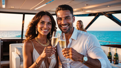 Happy couple is enjoying a romantic moment, drinking champagne on a yacht