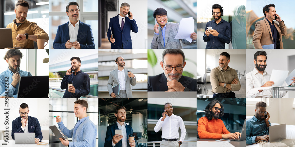 Poster a collection of diverse businessmen is engaging in a variety of activities within a bright modern of
