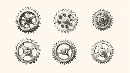 Vector illustration of handdrawn vintage gears and cogwheels representing industrial mechanisms