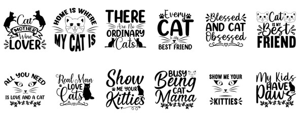 Modern Cat Trendy Retro Style Illustration, Phrases Pack Vector Illustration for Logo, Printing Press, Advertising