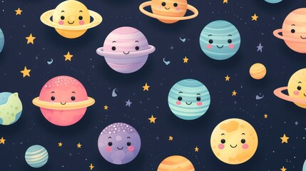 Colorful children's planet cartoon illustration design, with dark background