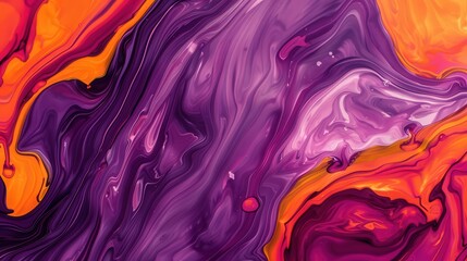 Vivid Marble Ink Fusion, a striking blend of bold purple and orange swirling together, creating a dynamic and captivating abstract design that energizes the space.