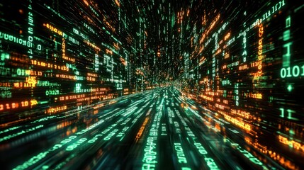 Abstract Representation of Digital Telecommunication Networks with Data Packets, Binary Code, and Digital Signals in Motion