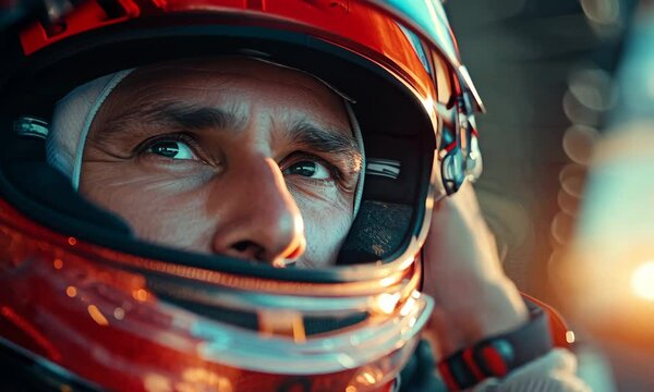 Skilled racer prepares for the thrilling race at sunset in a vibrant racing circuit