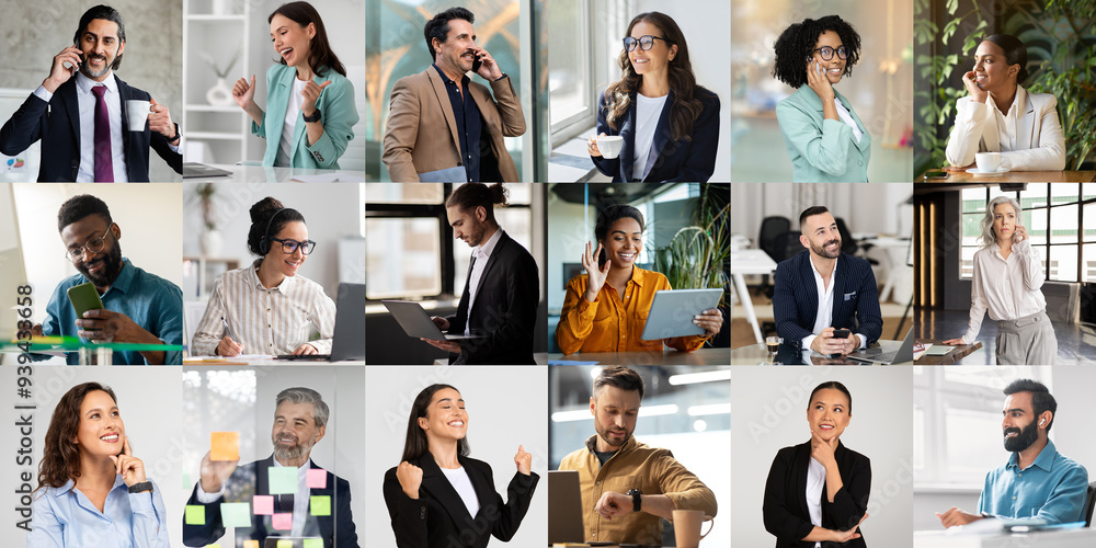Poster Diverse group of professionals is engaged in different work-related activities within a modern office environment. Individuals are using phones, laptops, and tablets while interacting with one another