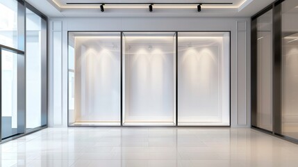 Vacant Retail Space, an unoccupied storefront with a clear window showcasing an empty mockup display, highlighting the potential for new business opportunities.