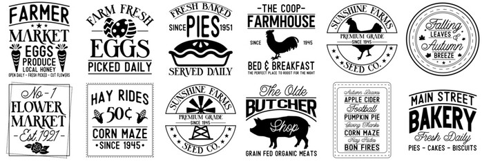 Cute Vintage Farmhouse Sign Typographic Emblems, Hand Lettering Collection Vector Illustration for Flyer, Logo, Infographic