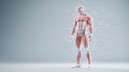 A detailed 3D illustration of the human muscular system, highlighting major muscle groups and showing the process of muscle contraction at a microscopic level, with labeled muscle