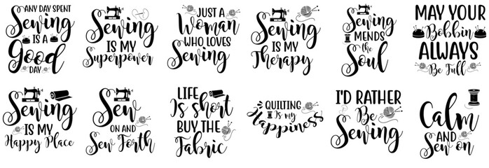 Colourful Sewing Hand Lettering, Typographic Emblems Pack Vector Illustration for Brochure, Vouchers, Mug Design