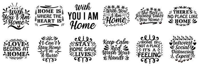 Minimalist Stay Home Calligraphic Lettering, Typographic Emblems Pack Vector Illustration for Vouchers, Announcement, Newsletter