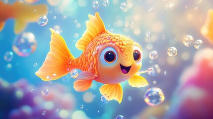 Fototapeta premium A happy, chubby cartoon fish with big eyes and colorful scales, swimming through a sea of bubbles in a bright underwater world.