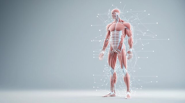 A detailed 3D illustration of the human muscular system, highlighting major muscle groups and showing the process of muscle contraction at a microscopic level, with labeled muscle