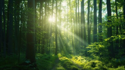 Fototapeta premium Enchanted Sunlit Forest Path, majestic forest, vibrant greenery, sunbeams filtering through leaves, creating a magical atmosphere along the serene trail
