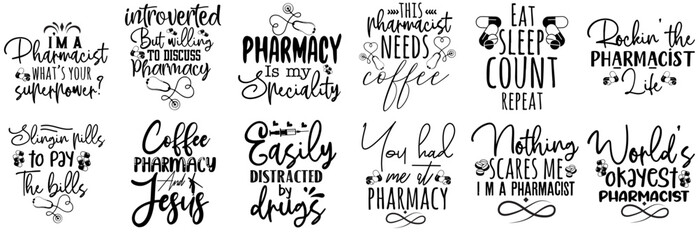 Fototapeta premium Minimalist Pharmacist Calligraphic Lettering, Typography Bundle Vector Illustration for Vouchers, T-Shirt Design, Infographic