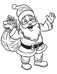 Santa Claus Holding a Sack Full of Presents. Cute Cartoon Illustration. Coloring Book Page