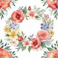 Watercolor Floral Wreath with Pink and Yellow Flowers and Green Leaves on White Background.