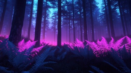 Obraz premium Twilight Enchantment in a Mystic Forest, a serene landscape filled with luminescent flora, enveloped in ethereal mist, creating a captivating and magical ambiance.