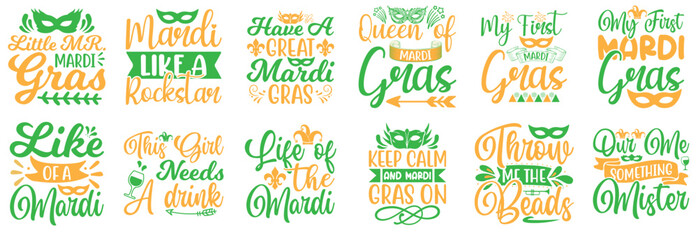 Simple Mardi Gras Phrases, Inscriptions Bundle Vector Illustration for Sticker, Printing Press, Presentation