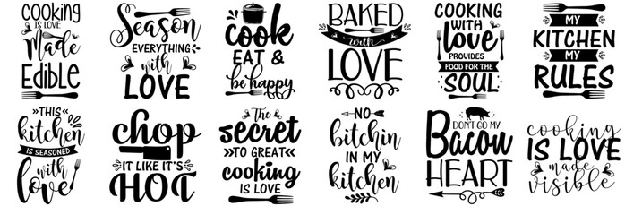 Fototapeta premium Minimalist Kitchen Quotes, Typographic Emblems Set Vector Illustration for Advertising, Gift Card, Logo