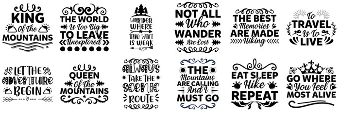 Classic Hiking Phrases, Inscriptions Pack Vector Illustration for Gift Card, Decal, Printing Press