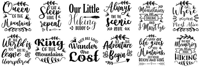 Elegant Hiking Quotes, Labels And Badges Pack Vector Illustration for Decal, Packaging, Greeting Card