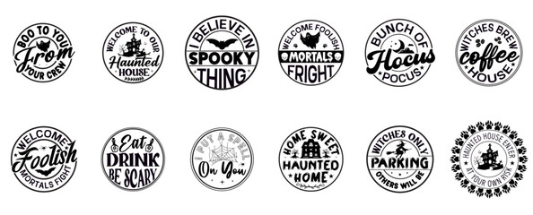 Classic Halloween Round Signs Typography, Calligraphic Lettering Set Vector Illustration for Stationery, Icon, Social Media Post