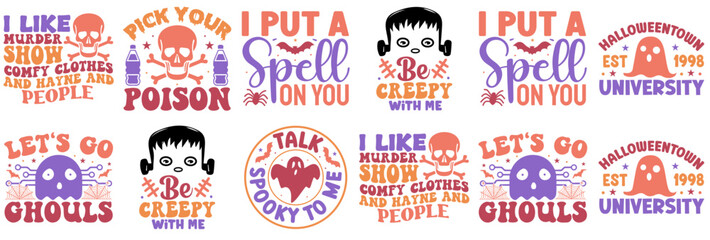 Naklejka premium Vibrant Halloween Typographic Emblems, Hand Lettering Pack Vector Illustration for Printing Press, Logo, Flyer