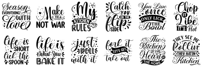 Colourful Funny Kitchen Calligraphic Lettering, Inscriptions Bundle Vector Illustration for Stationery, T-Shirt Design, Mug Design