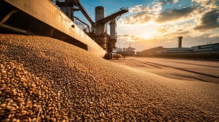 A large pile of grain being carefully unloaded from a ship, spreading out calmly across the ground, depicting a peaceful and controlled agricultural scene.