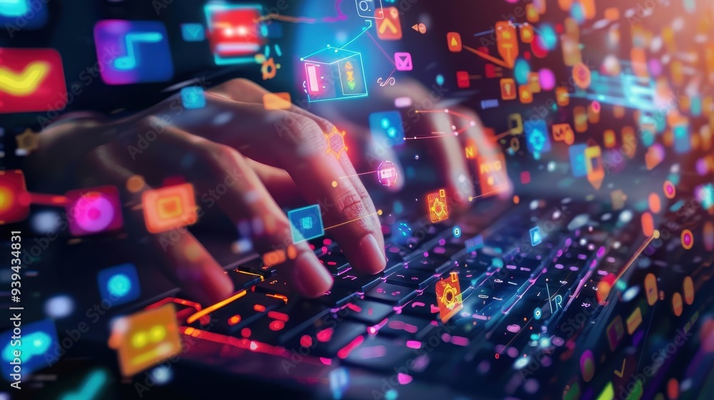 Poster hands typing on a glowing keyboard, surrounded by colorful digital icons symbolizing technology, com