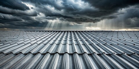 Close up photo of zinc roof panels during stormy weather