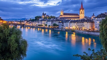 Basel historic upper town architecture evening view, northwestern Switzerland