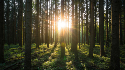 Obraz premium Ethereal Sunlight Through Forest Canopy, Sunlight filters through towering trees, creating a mystical ambiance, illuminating the forest floor with enchanting light.