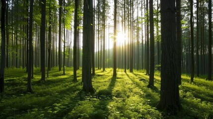 Obraz premium Sunlit Forest Serenity, a tranquil woodland scene where golden rays filter through lush green leaves, creating a calming atmosphere filled with nature's harmony