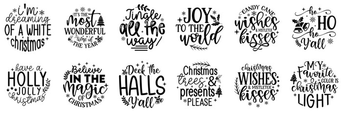 Modern Christmas Round Sign Hand Lettering, Inscriptions Set Vector Illustration for Sticker, Greeting Card, Flyer