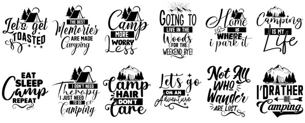 Modern Camping Calligraphic Lettering, Typographic Emblems Set Vector Illustration for Motion Graphics, Printable, Mug Design