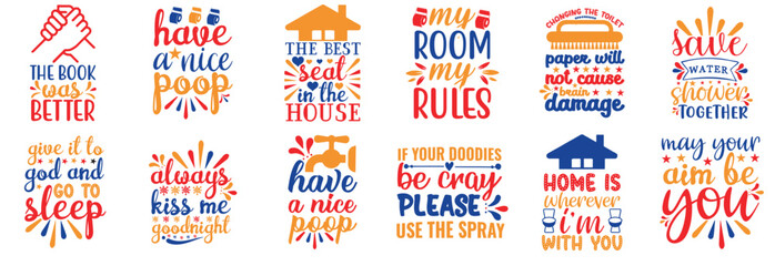 Vibrant Bathroom Calligraphy, Trendy Retro Style Illustration Bundle Vector Illustration for Greeting Card, Brochure, Newsletter