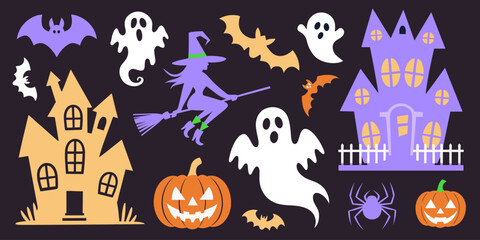 Halloween themed vector set illustrations of ghosts, pumpkins, witch, bats, and haunted houses