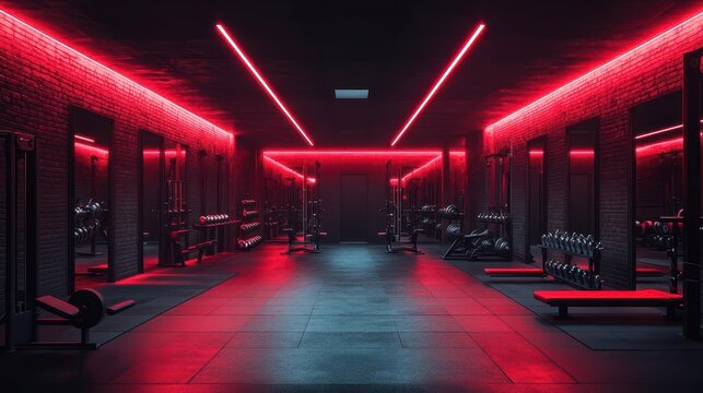 modern gym interior at night bathed in intense red lighting wideangle view showcasing rows of equipment weights and mirrors dramatic shadows and reflections