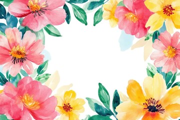 Fototapeta premium A vibrant watercolor floral border featuring pink, yellow flowers and lush green leaves, perfect for greeting cards and invitations.