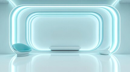 Modern minimalist interior featuring luminous curves, soft seating, and a sleek white design, ideal for futuristic aesthetics.