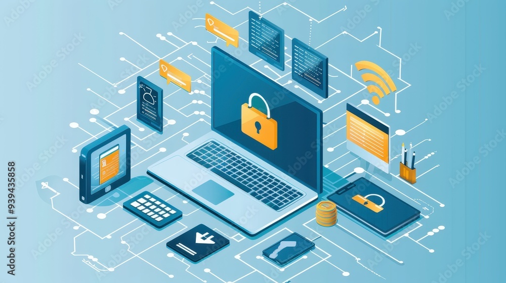 Poster illustration of cybersecurity network protection with various devices secured by locks, highlighting