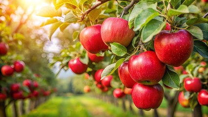 Obraz premium Lush red apple tree with ripe fruit hanging on branches in an orchard harvest setting, depicting autumn freshness in agriculture with organic leaves