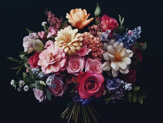 Vibrant Floral Bouquet on Black Background: Roses, Daisies, Hydrangeas, Lush Greenery, and More