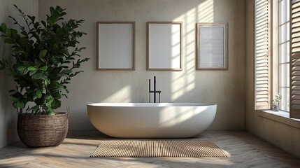 Elegant Serenity: Explore Tranquil Bathroom Decor featuring a Freestanding Bathtub, Wooden Plank Flooring, and Modern Accents - Perfect Poster for Relaxing Spaces