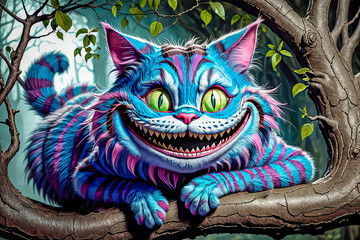 Cheshire Mysterious cat in the forest. Fantasy illustration