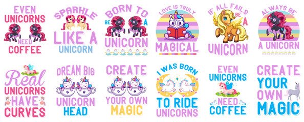 Decorative Unicorn Trendy Retro Style Illustration, Typography Set Vector Illustration for Holiday Cards, Vouchers, Poster