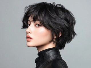 Portrait of Stylish Woman with Short Black Hair and Trendy Leather Jacket